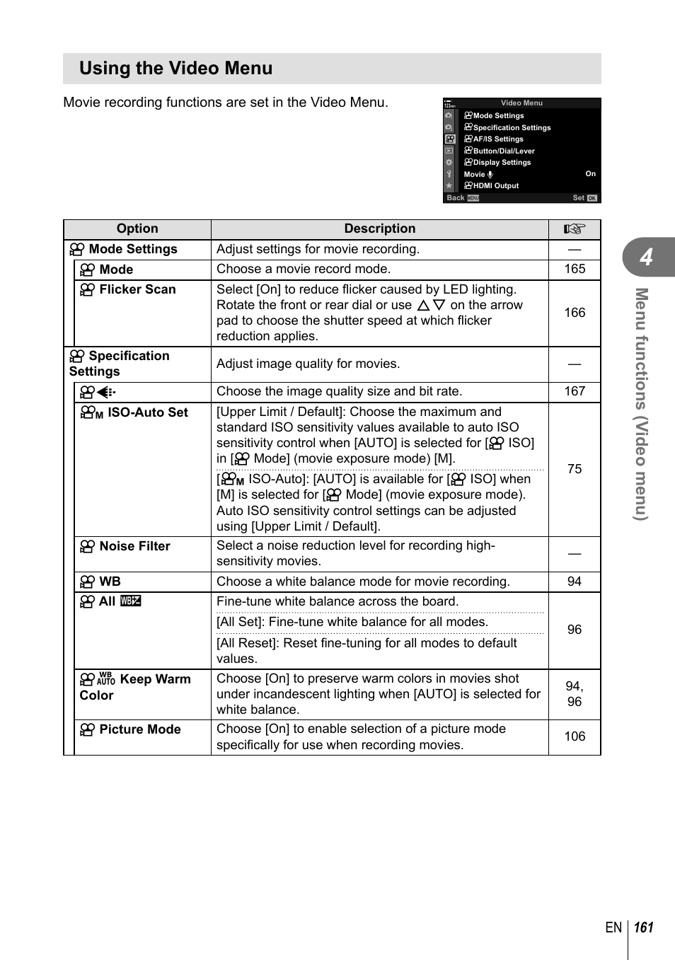 Using the video menu, Menu functions (v ideo menu), 161 en | Olympus OM-D E-M1 Mark III Mirrorless Camera User Manual | Page 161 / 333