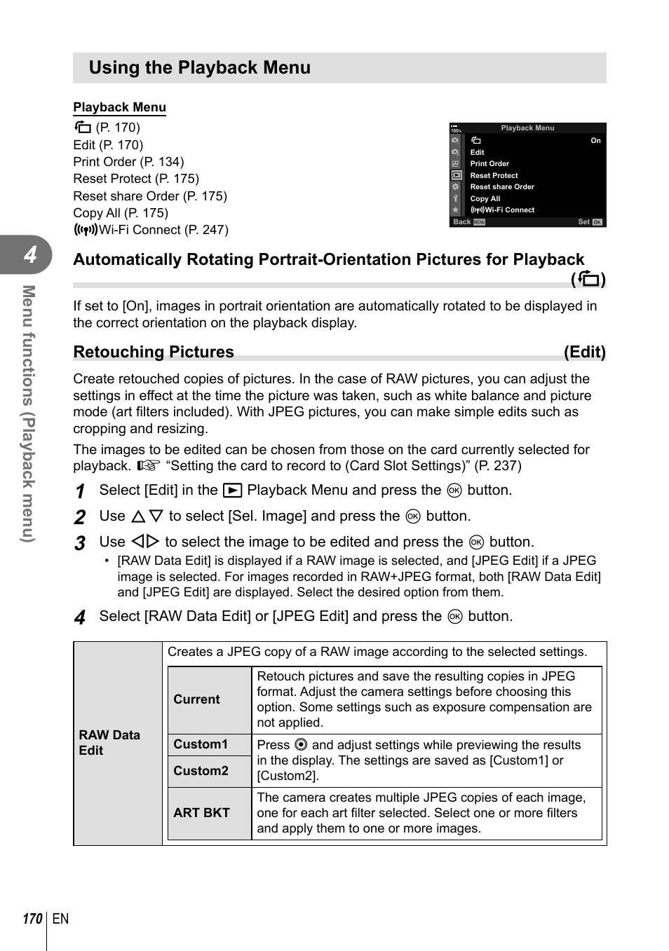 Using the playback menu, Menu functions (playback menu), Retouching pictures (edit) | Olympus OM-D E-M1 Mark III Mirrorless Camera User Manual | Page 170 / 333