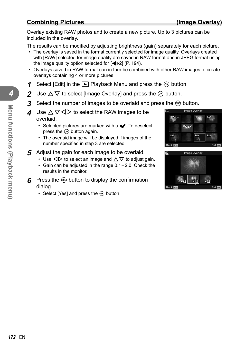 Menu functions (playback menu), Combining pictures (image overlay) | Olympus OM-D E-M1 Mark III Mirrorless Camera User Manual | Page 172 / 333