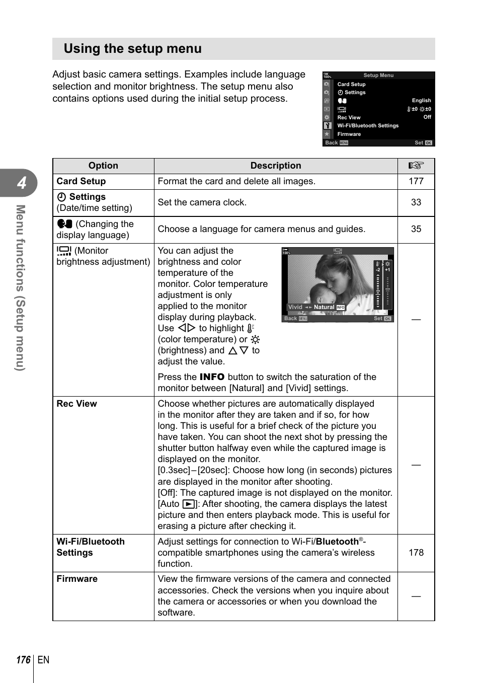 Using the setup menu, Menu functions (setup menu), 176 en | Olympus OM-D E-M1 Mark III Mirrorless Camera User Manual | Page 176 / 333