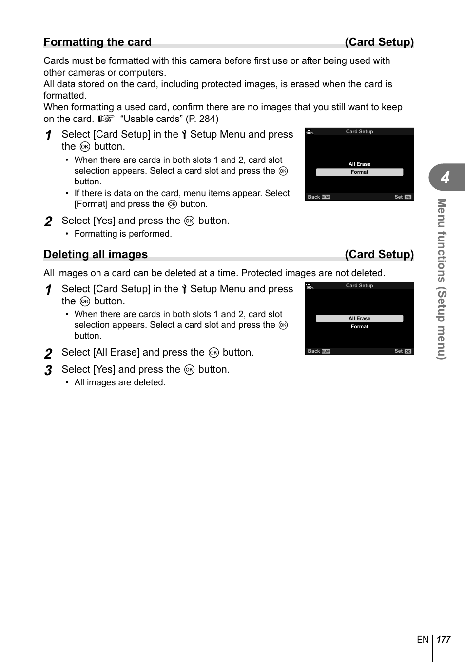 Menu functions (setup menu), Formatting the card (card setup), Deleting all images (card setup) | Olympus OM-D E-M1 Mark III Mirrorless Camera User Manual | Page 177 / 333