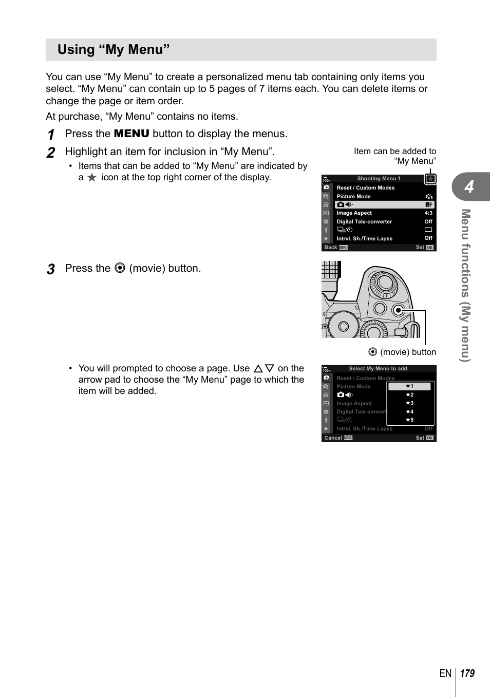 Using “my menu, Menu functions (my menu), 179 en | Press the menu button to display the menus, Highlight an item for inclusion in “my menu, Press the r (movie) button, Item can be added to “my menu, R(movie) button | Olympus OM-D E-M1 Mark III Mirrorless Camera User Manual | Page 179 / 333