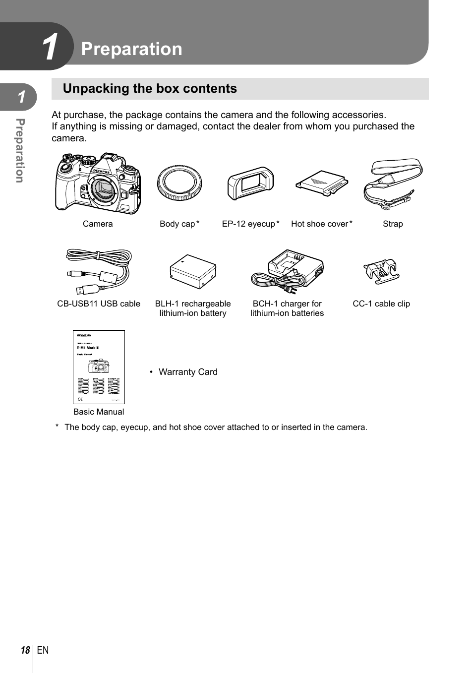 Preparation, Unpacking the box contents | Olympus OM-D E-M1 Mark III Mirrorless Camera User Manual | Page 18 / 333