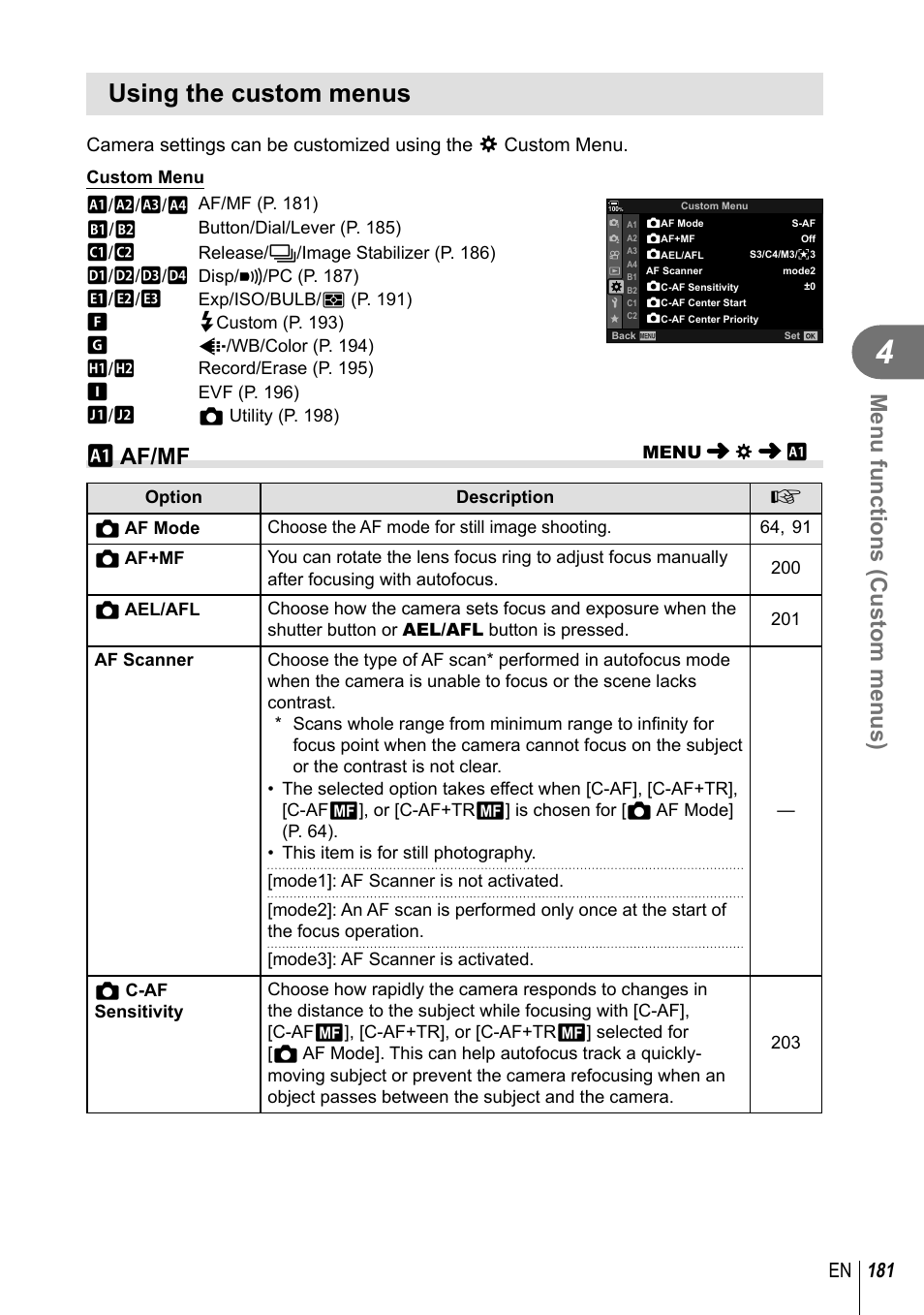 Using the custom menus, Menu functions (custom menus), J af/mf | 181 en | Olympus OM-D E-M1 Mark III Mirrorless Camera User Manual | Page 181 / 333