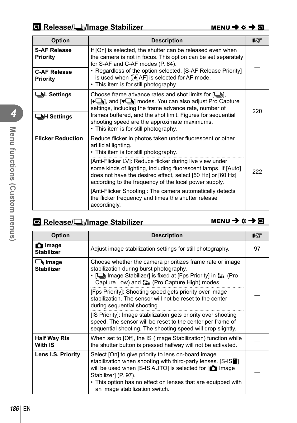 Menu functions (custom menus), N release/ j /image stabilizer, Orelease/ j /image stabilizer | Olympus OM-D E-M1 Mark III Mirrorless Camera User Manual | Page 186 / 333