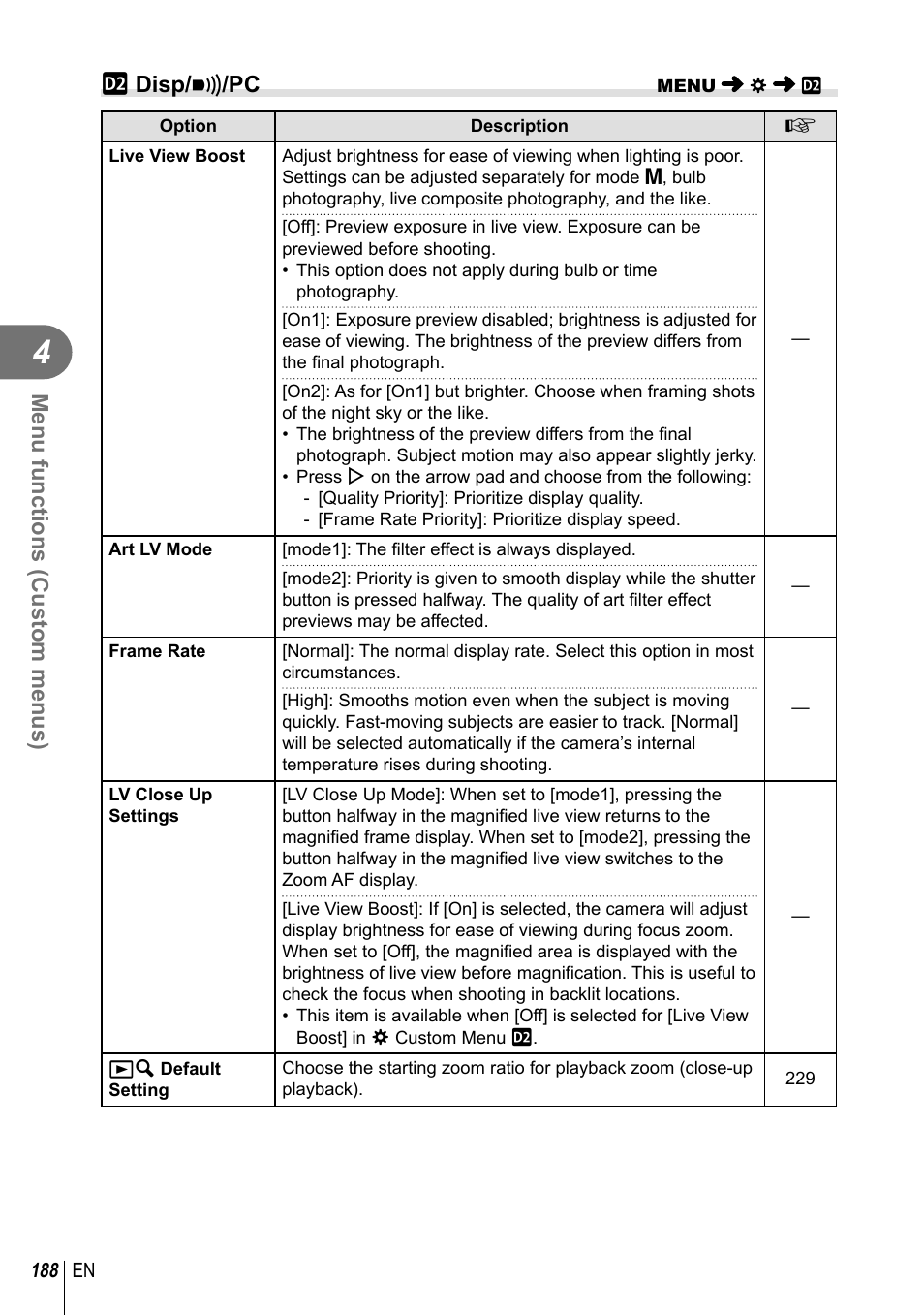 Menu functions (custom menus), Q disp/ 8 /pc | Olympus OM-D E-M1 Mark III Mirrorless Camera User Manual | Page 188 / 333