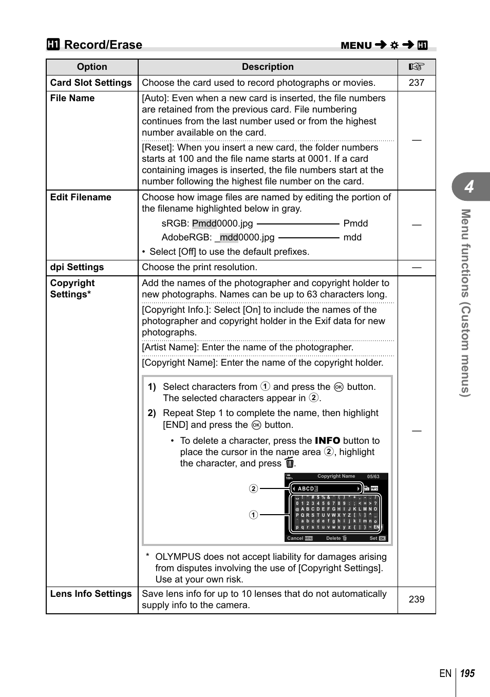 Menu functions (custom menus), Y record/erase, 195 en | Olympus OM-D E-M1 Mark III Mirrorless Camera User Manual | Page 195 / 333