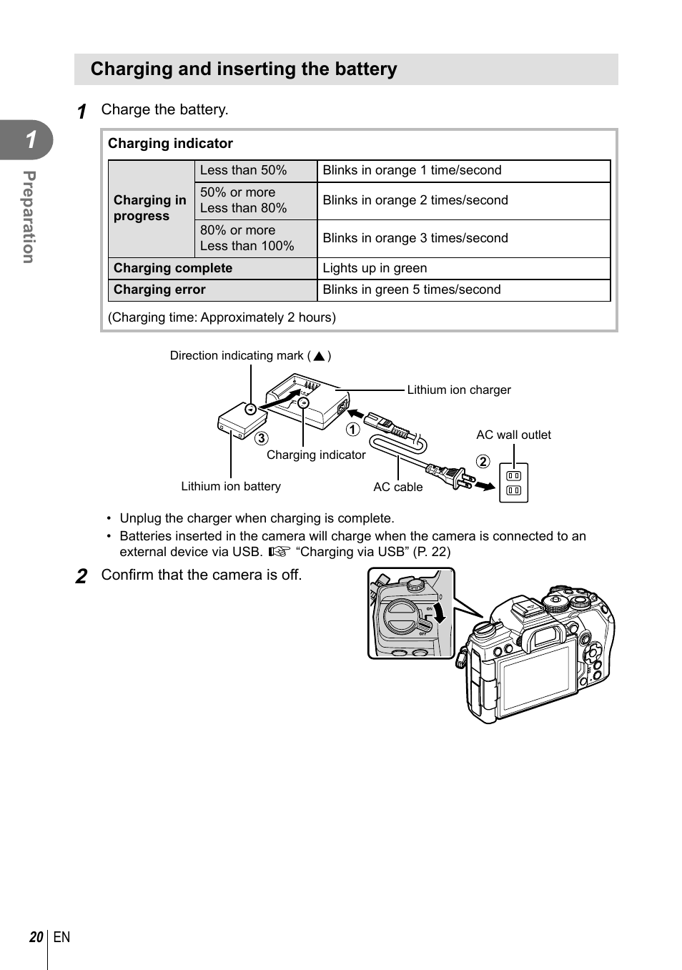 Charging and inserting the battery, Preparation | Olympus OM-D E-M1 Mark III Mirrorless Camera User Manual | Page 20 / 333