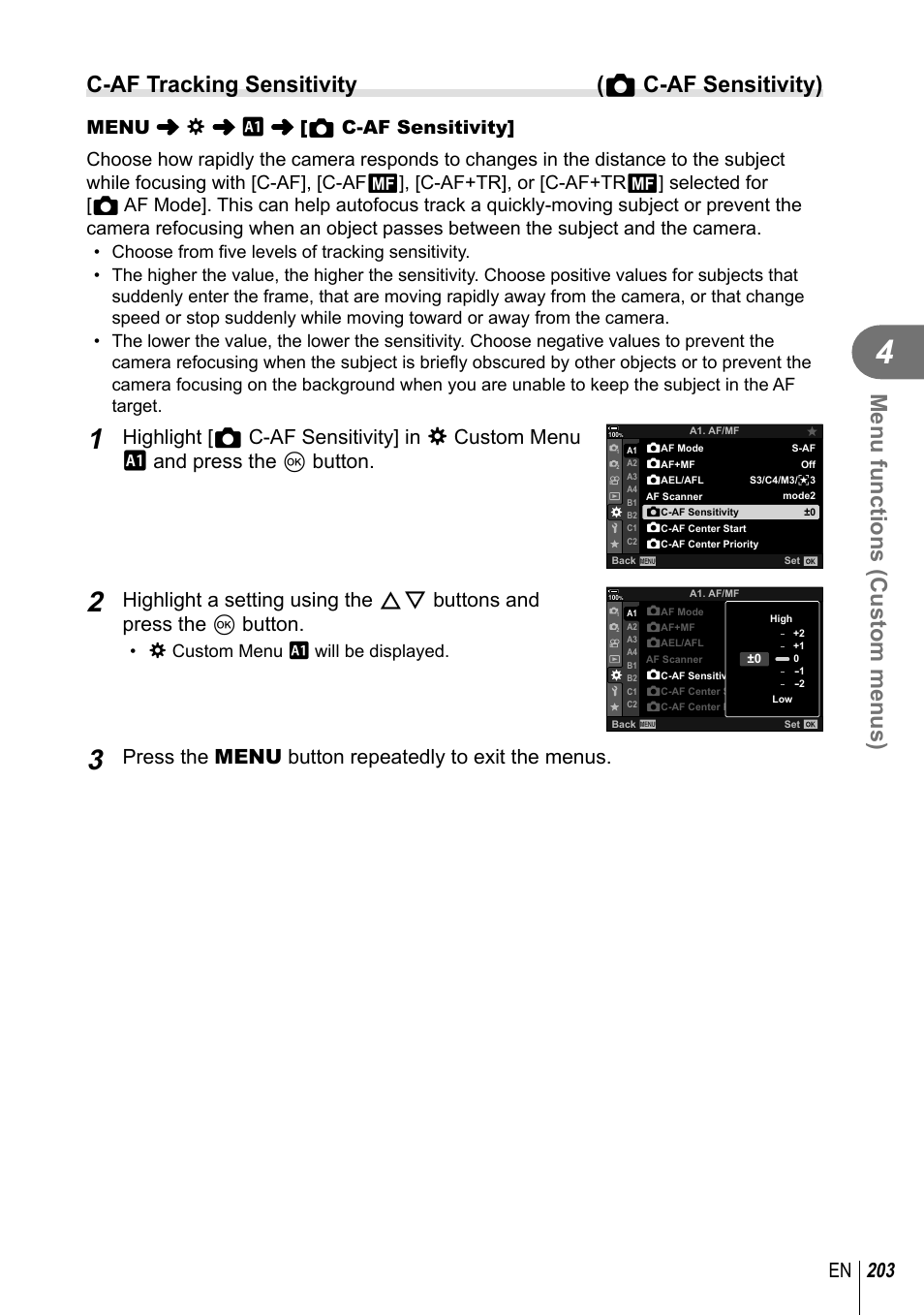 Menu functions (custom menus), C-af tracking sensitivity ( k c-af sensitivity), 203 en | Press the menu button repeatedly to exit the menus | Olympus OM-D E-M1 Mark III Mirrorless Camera User Manual | Page 203 / 333