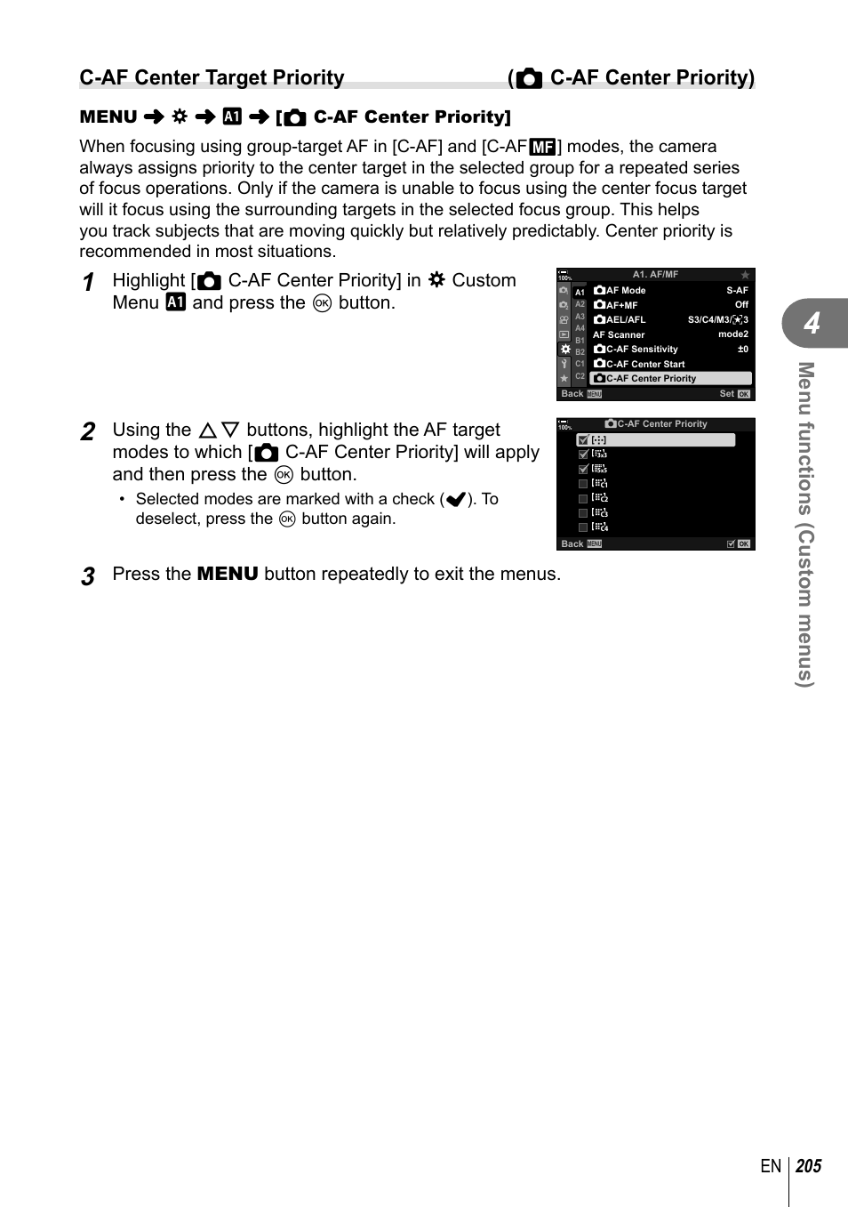 Menu functions (custom menus), 205 en, Press the menu button repeatedly to exit the menus | Olympus OM-D E-M1 Mark III Mirrorless Camera User Manual | Page 205 / 333