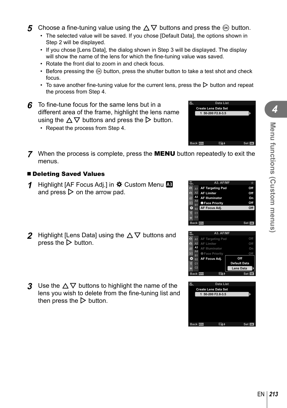 Menu functions (custom menus), 213 en | Olympus OM-D E-M1 Mark III Mirrorless Camera User Manual | Page 213 / 333