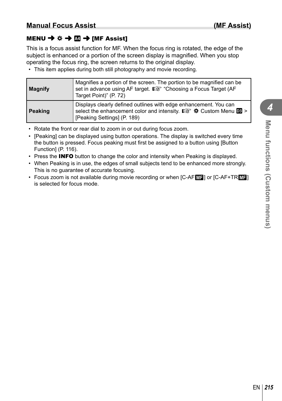 Menu functions (custom menus), Manual focus assist (mf assist) | Olympus OM-D E-M1 Mark III Mirrorless Camera User Manual | Page 215 / 333