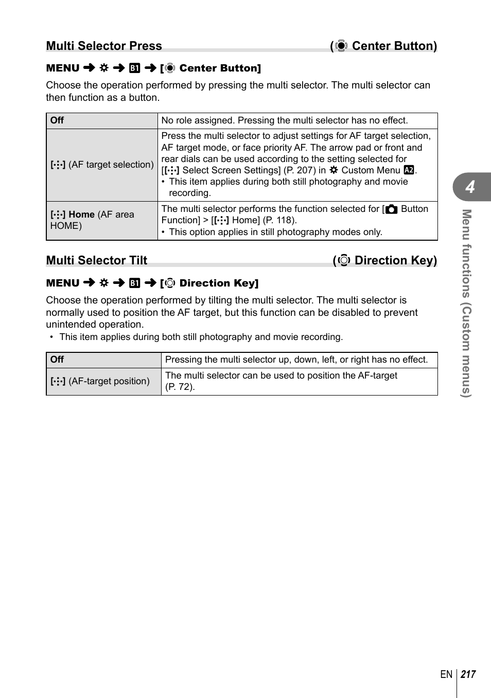 Menu functions (custom menus), Multi selector press ( s center button), Multi selector tilt ( t direction key) | Olympus OM-D E-M1 Mark III Mirrorless Camera User Manual | Page 217 / 333