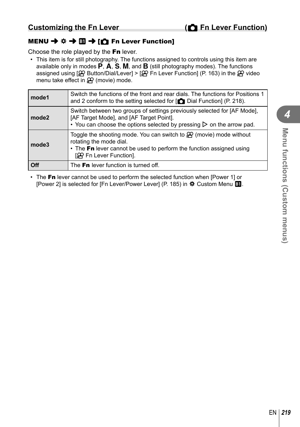 Menu functions (custom menus), Customizing the fn lever ( k fn lever function) | Olympus OM-D E-M1 Mark III Mirrorless Camera User Manual | Page 219 / 333