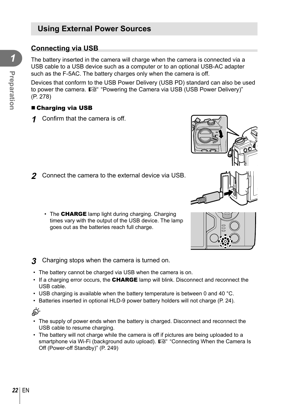 Using external power sources | Olympus OM-D E-M1 Mark III Mirrorless Camera User Manual | Page 22 / 333