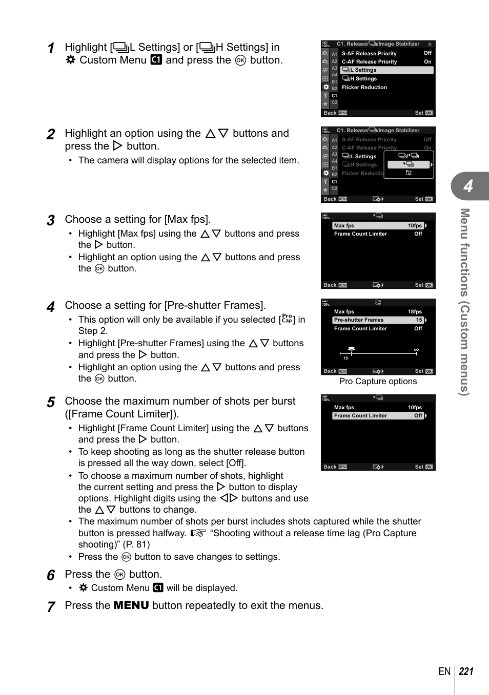 Menu functions (custom menus), 221 en, Choose a setting for [max fps | Choose a setting for [pre-shutter frames, Press the q button, Press the menu button repeatedly to exit the menus | Olympus OM-D E-M1 Mark III Mirrorless Camera User Manual | Page 221 / 333