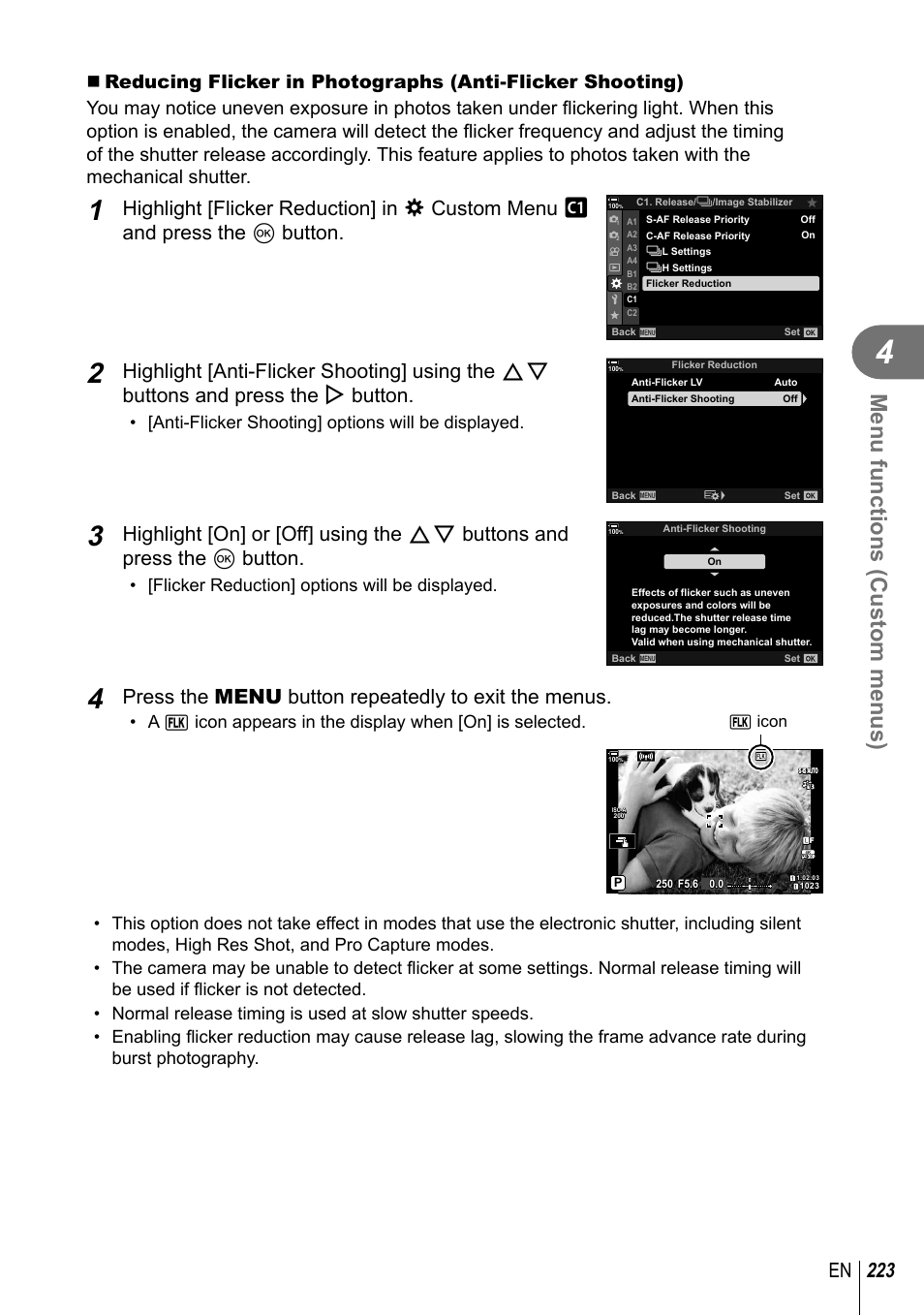 Menu functions (custom menus), 223 en, Press the menu button repeatedly to exit the menus | Olympus OM-D E-M1 Mark III Mirrorless Camera User Manual | Page 223 / 333
