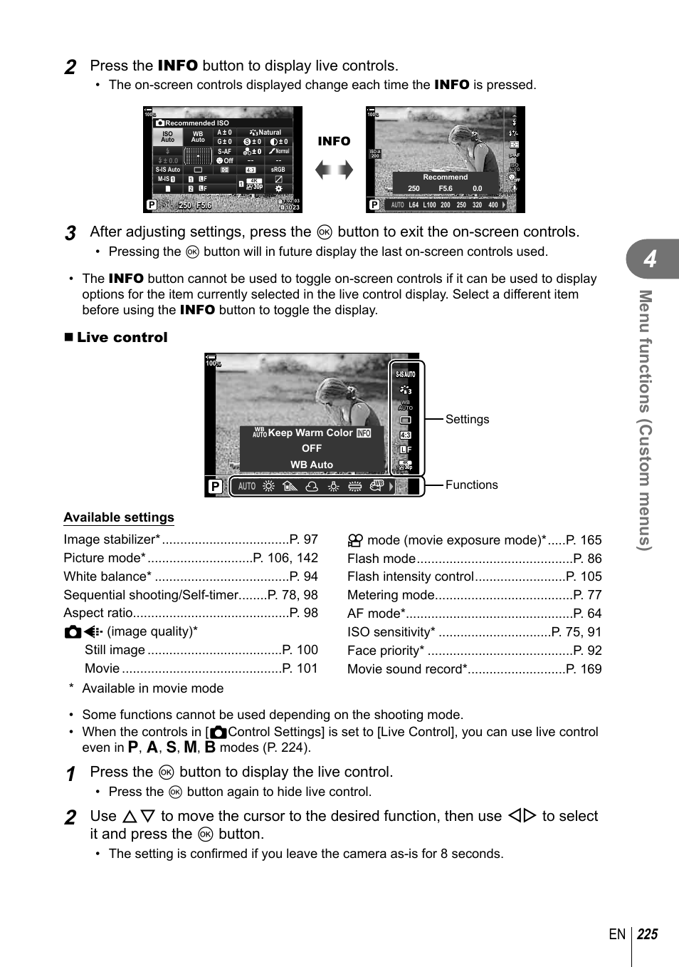 Menu functions (custom menus), 225 en, Press the info button to display live controls | Press the q button to display the live control, Live control, Modes (p. 224), Press the q button again to hide live control | Olympus OM-D E-M1 Mark III Mirrorless Camera User Manual | Page 225 / 333