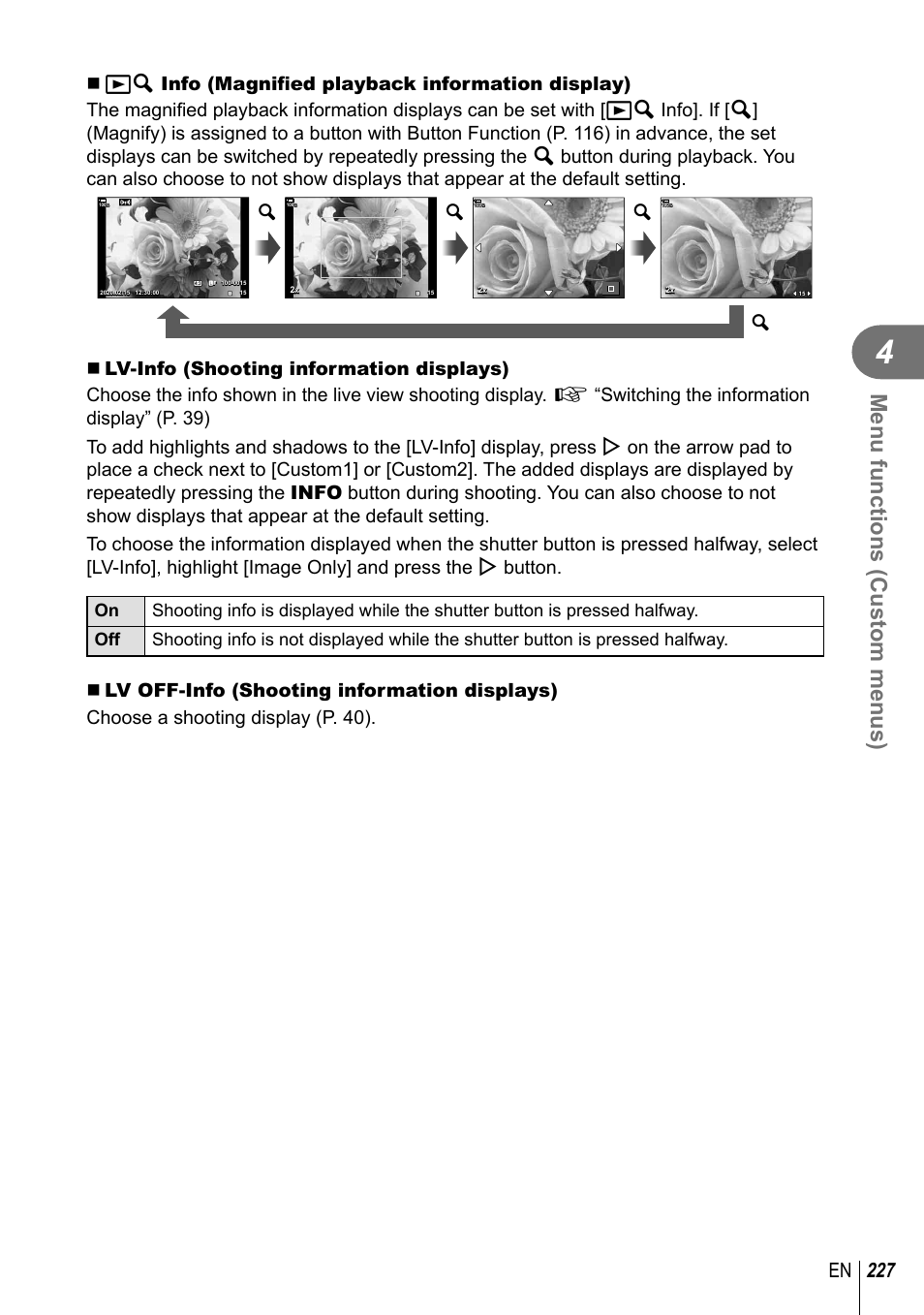 Menu functions (custom menus), 227 en | Olympus OM-D E-M1 Mark III Mirrorless Camera User Manual | Page 227 / 333