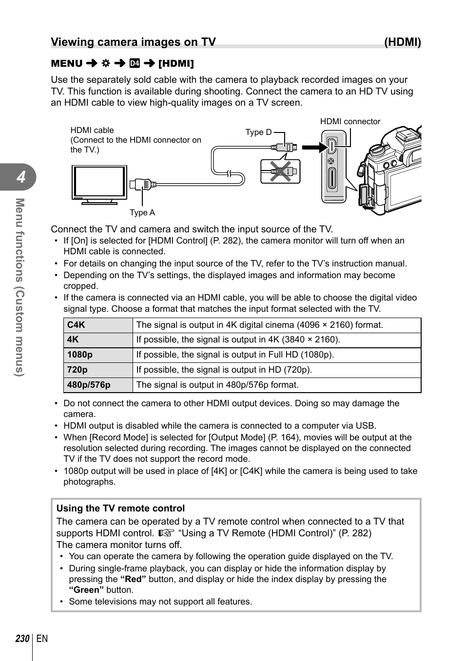 Menu functions (custom menus), Viewing camera images on tv (hdmi) | Olympus OM-D E-M1 Mark III Mirrorless Camera User Manual | Page 230 / 333