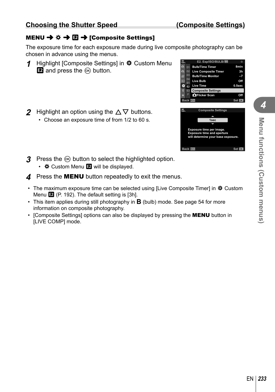 Menu functions (custom menus), Choosing the shutter speed (composite settings), 233 en | Highlight an option using the fg buttons, Press the menu button repeatedly to exit the menus | Olympus OM-D E-M1 Mark III Mirrorless Camera User Manual | Page 233 / 333