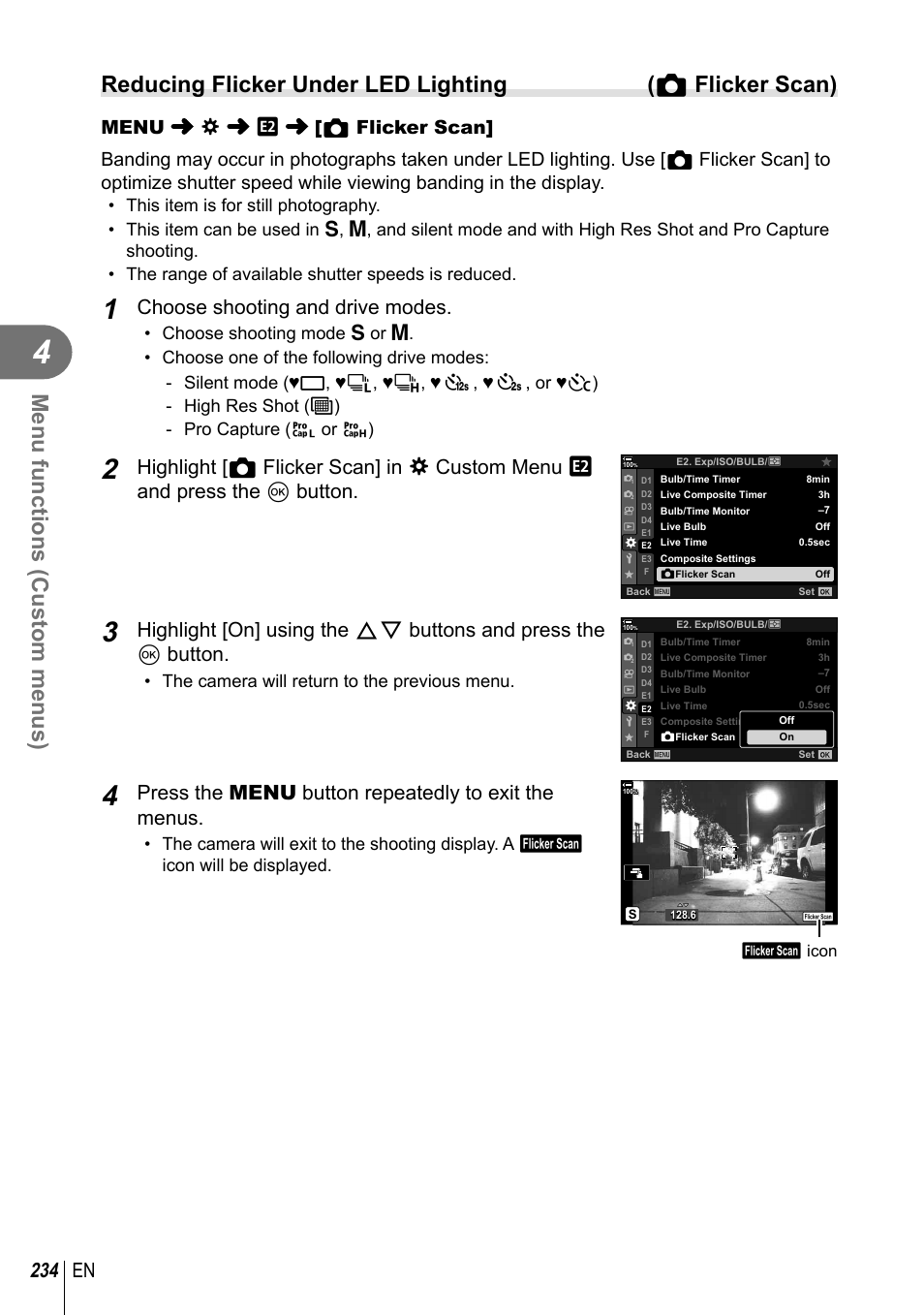 Menu functions (custom menus), 234 en, Choose shooting and drive modes | Press the menu button repeatedly to exit the menus | Olympus OM-D E-M1 Mark III Mirrorless Camera User Manual | Page 234 / 333