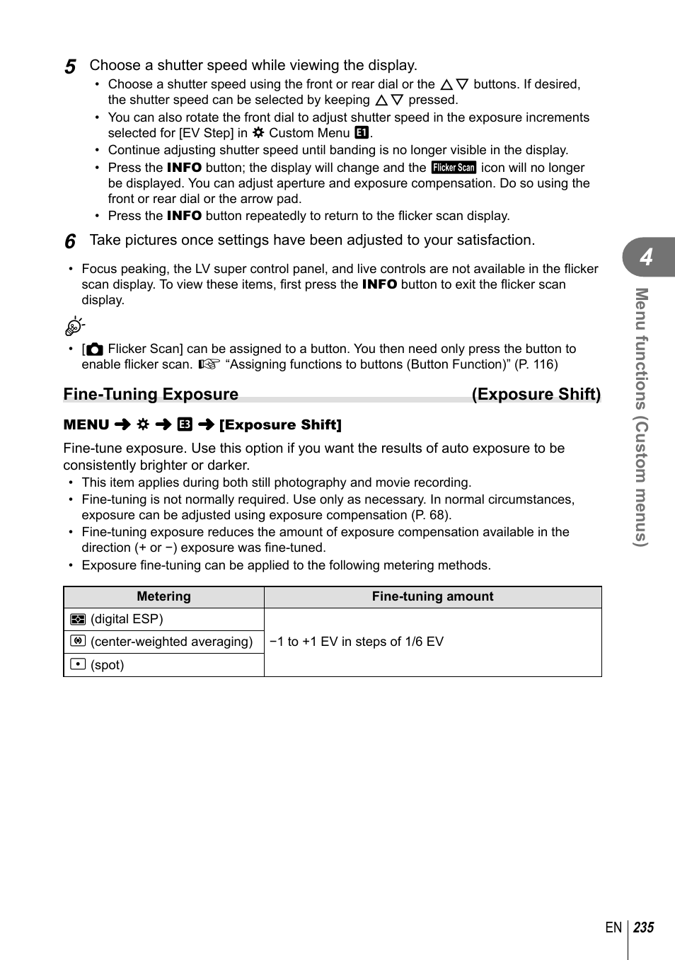 Menu functions (custom menus), Fine-tuning exposure (exposure shift) | Olympus OM-D E-M1 Mark III Mirrorless Camera User Manual | Page 235 / 333