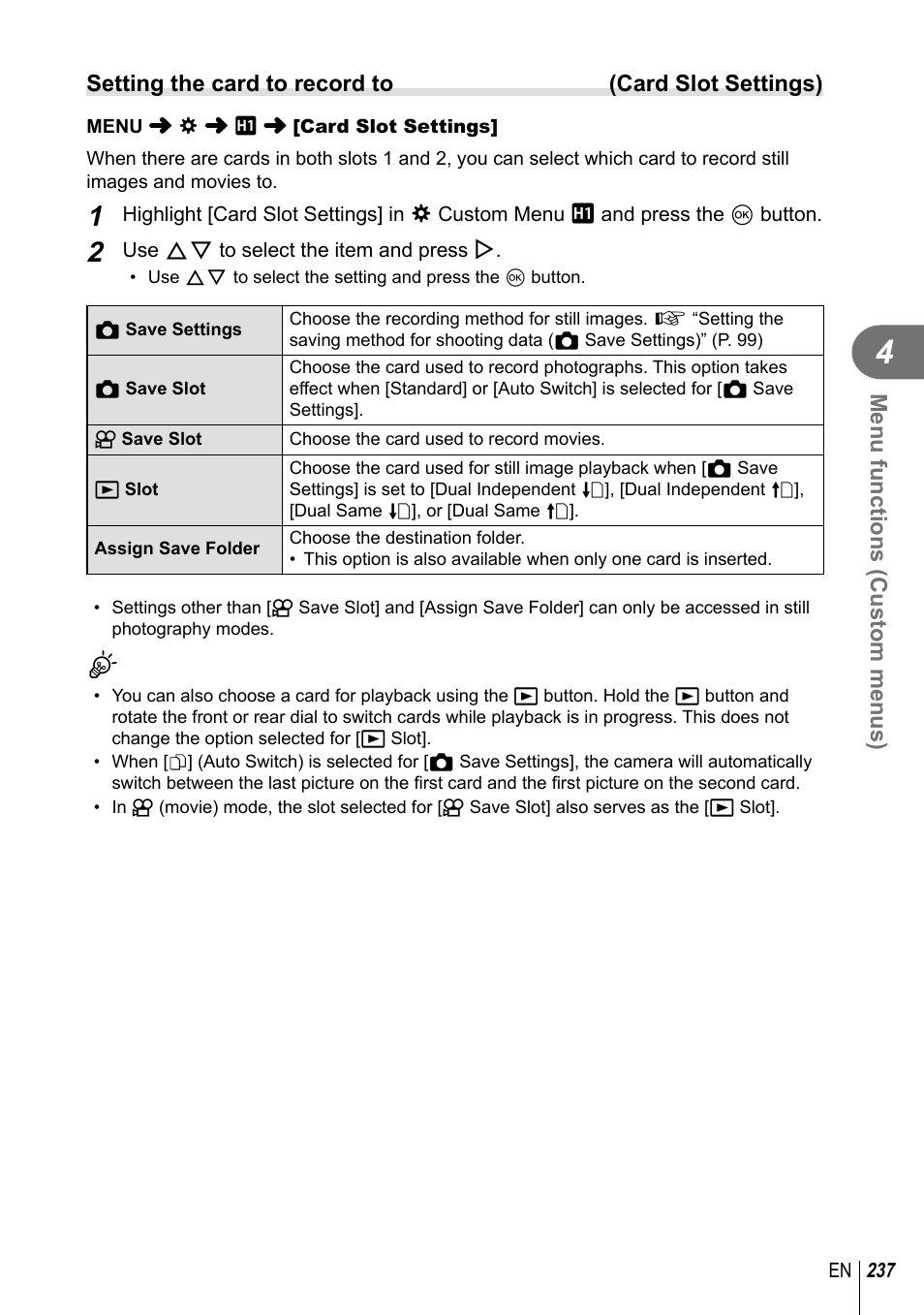 Menu functions (custom menus), Setting the card to record to (card slot settings) | Olympus OM-D E-M1 Mark III Mirrorless Camera User Manual | Page 237 / 333