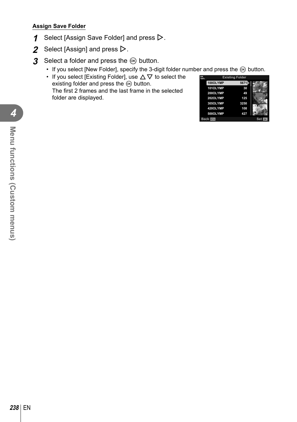 Menu functions (custom menus), 238 en, Select [assign save folder] and press i | Select [assign] and press i, Select a folder and press the q button | Olympus OM-D E-M1 Mark III Mirrorless Camera User Manual | Page 238 / 333