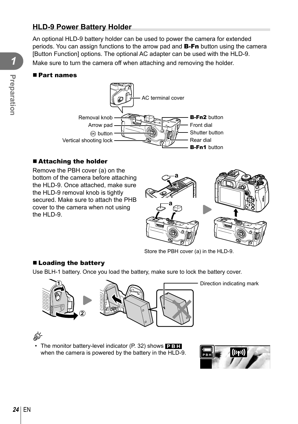 Preparation, Hld-9 power battery holder | Olympus OM-D E-M1 Mark III Mirrorless Camera User Manual | Page 24 / 333