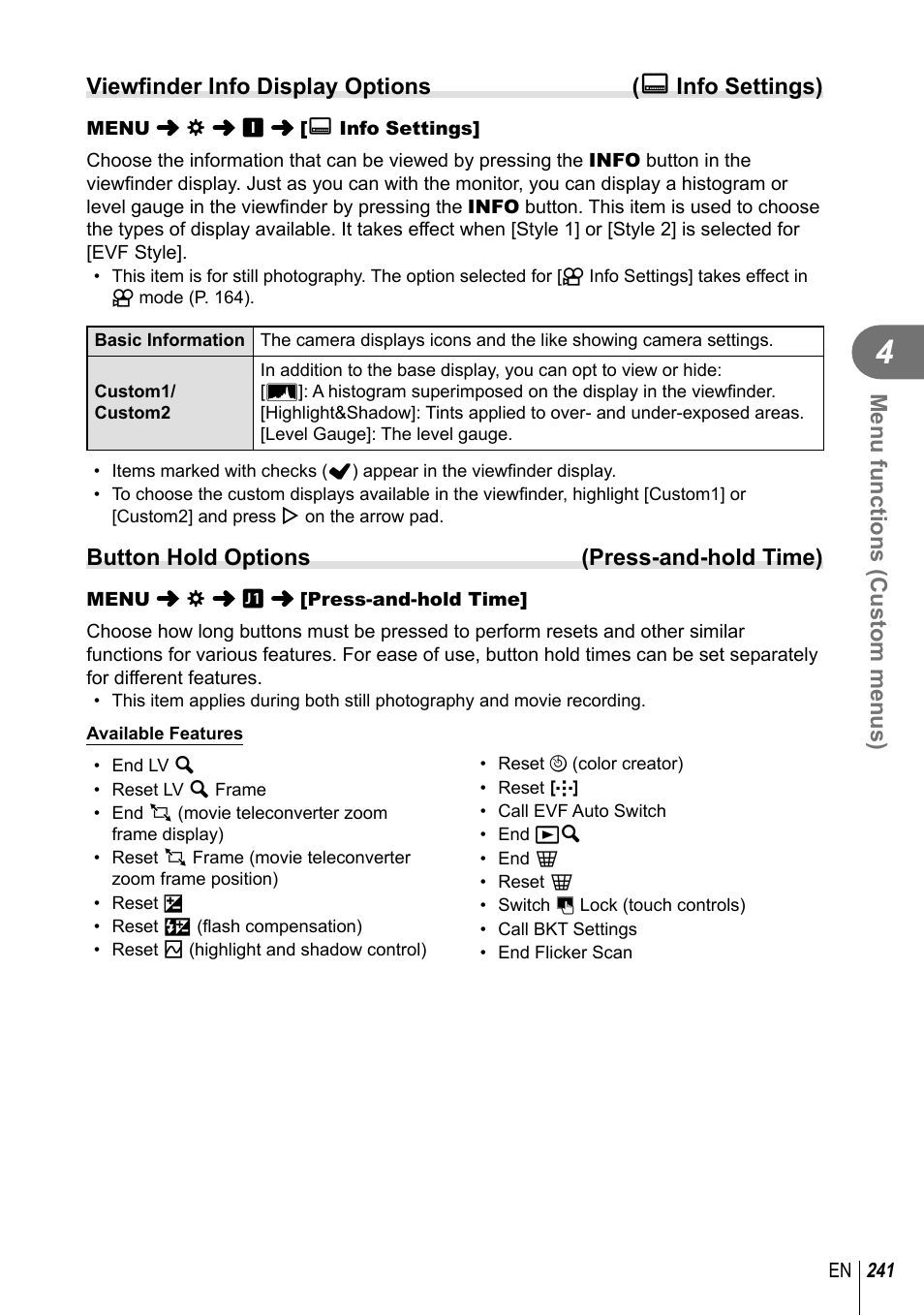 Menu functions (custom menus), Button hold options (press-and-hold time) | Olympus OM-D E-M1 Mark III Mirrorless Camera User Manual | Page 241 / 333