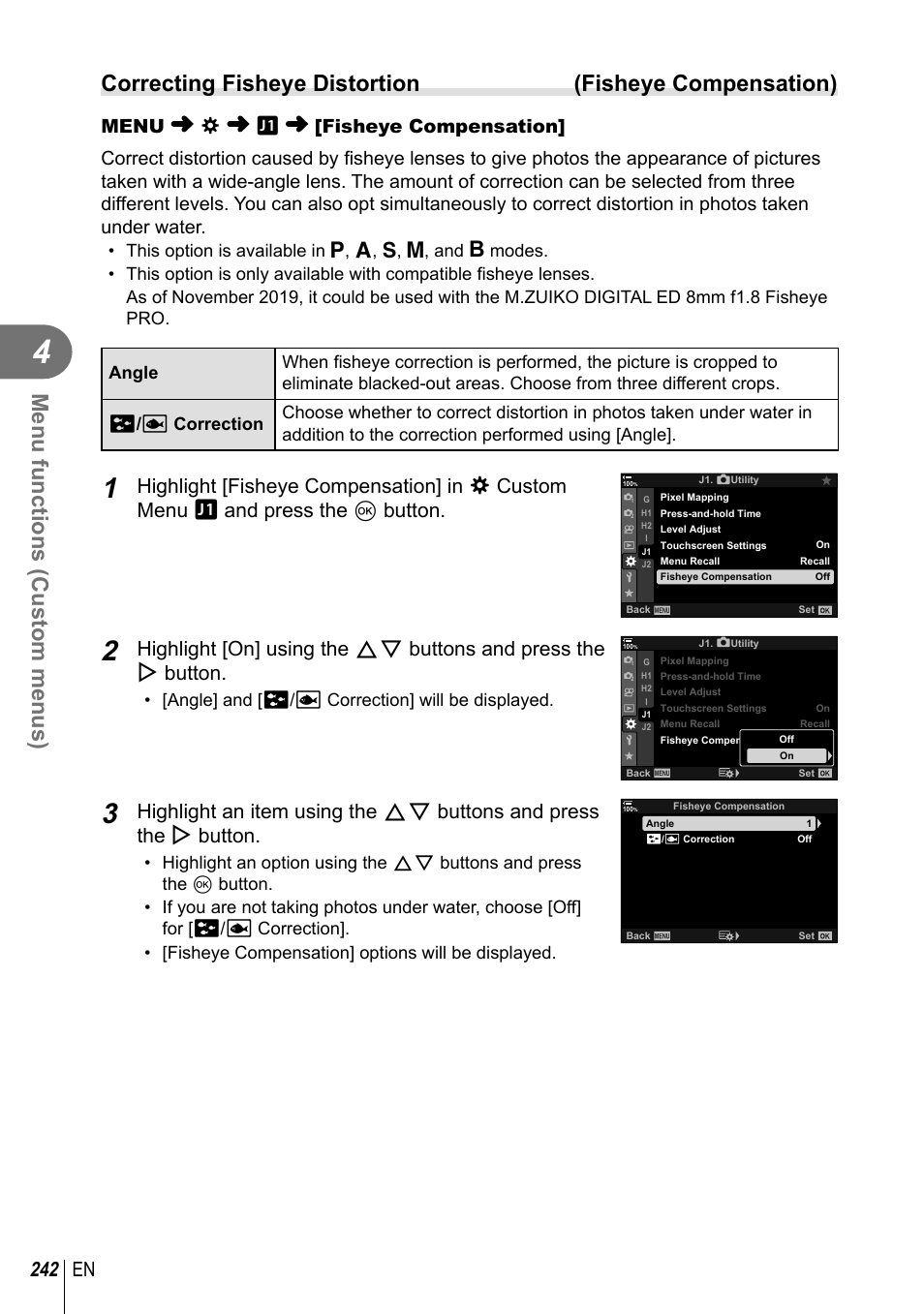 Menu functions (custom menus), 242 en | Olympus OM-D E-M1 Mark III Mirrorless Camera User Manual | Page 242 / 333