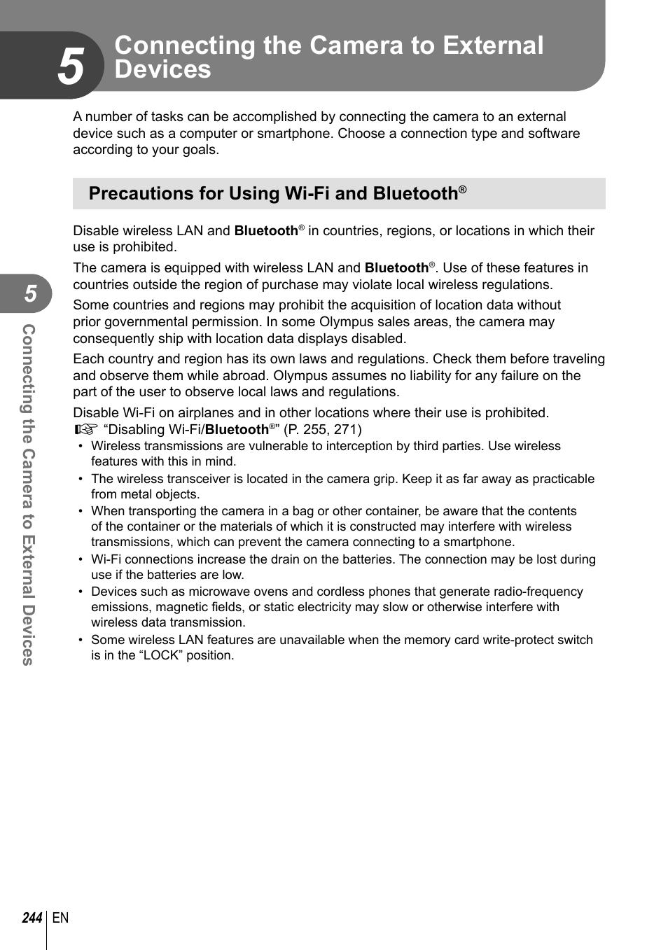 Connecting the camera to external devices, Precautions for using wi-fi and bluetooth | Olympus OM-D E-M1 Mark III Mirrorless Camera User Manual | Page 244 / 333