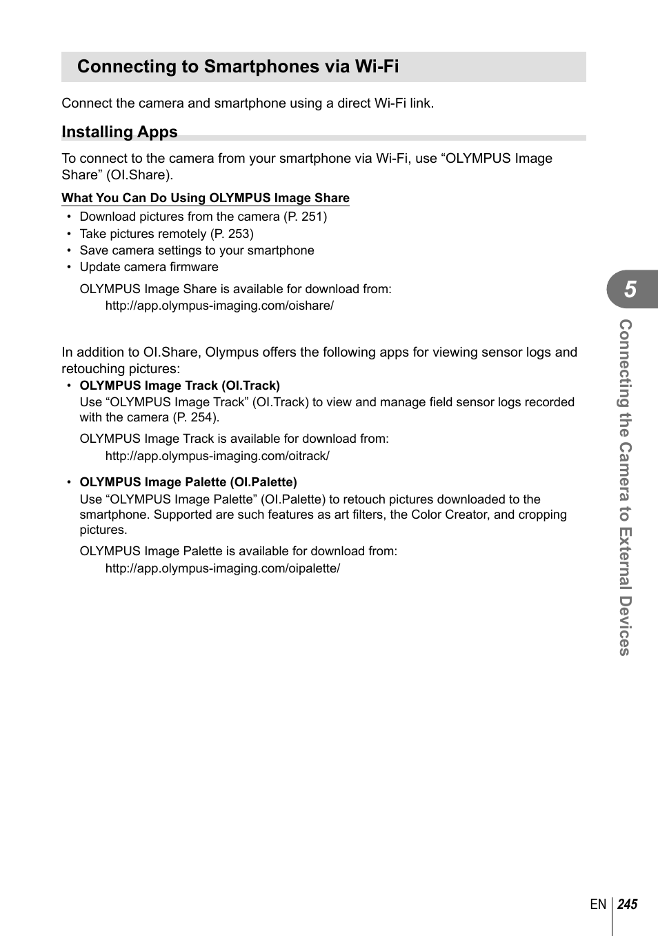 Connecting to smartphones via wi-fi, Connecting the camera to external devices, Installing apps | Olympus OM-D E-M1 Mark III Mirrorless Camera User Manual | Page 245 / 333