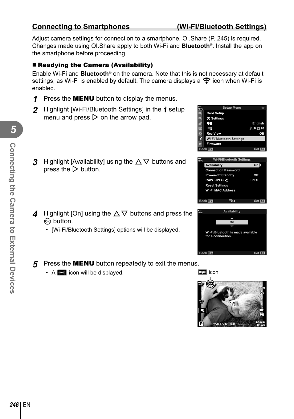 Connecting the camera to external devices, 246 en, Press the menu button to display the menus | Press the menu button repeatedly to exit the menus | Olympus OM-D E-M1 Mark III Mirrorless Camera User Manual | Page 246 / 333
