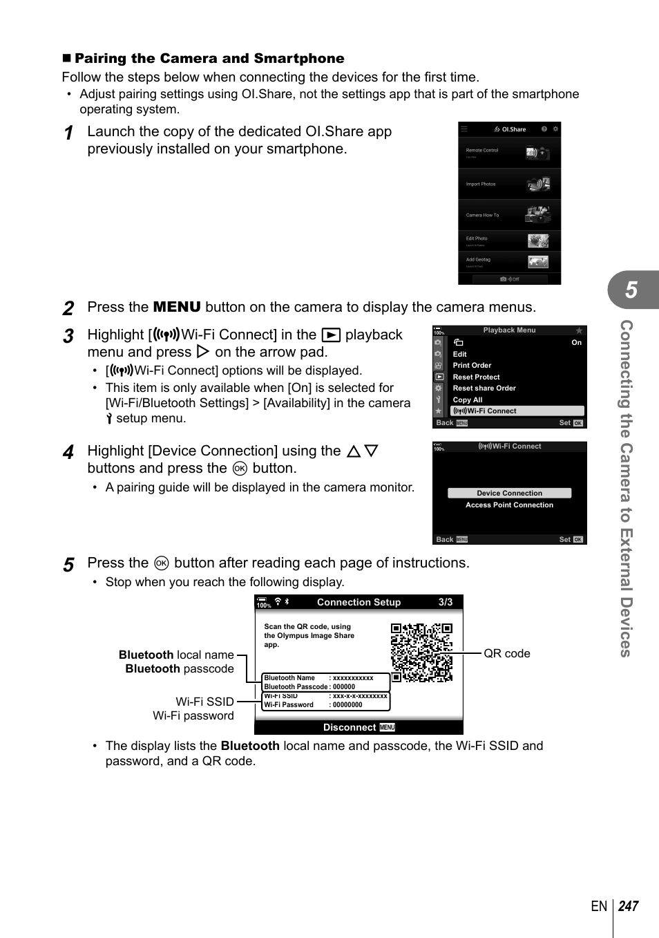 Connecting the camera to external devices, 247 en | Olympus OM-D E-M1 Mark III Mirrorless Camera User Manual | Page 247 / 333