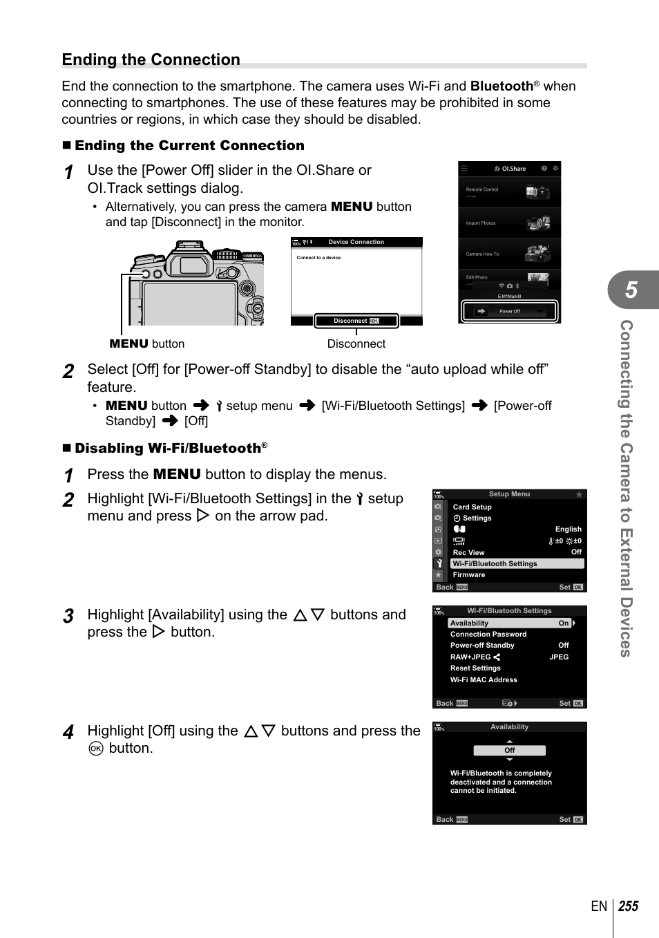 Connecting the camera to external devices, Ending the connection, 255 en | Press the menu button to display the menus, Disabling wi-fi/bluetooth | Olympus OM-D E-M1 Mark III Mirrorless Camera User Manual | Page 255 / 333