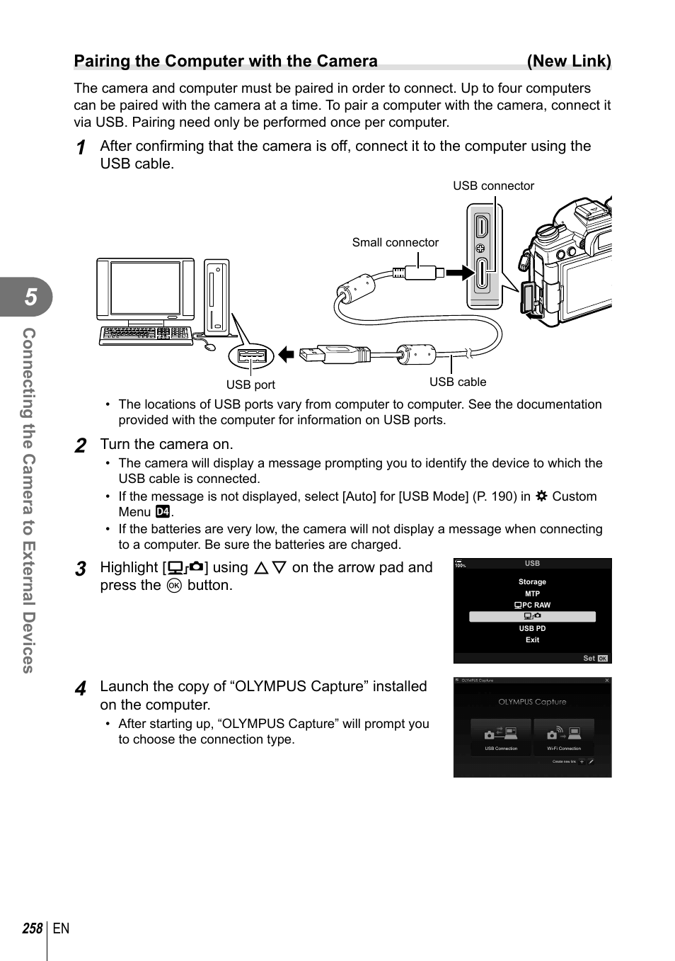 Connecting the camera to external devices, Pairing the computer with the camera (new link) | Olympus OM-D E-M1 Mark III Mirrorless Camera User Manual | Page 258 / 333