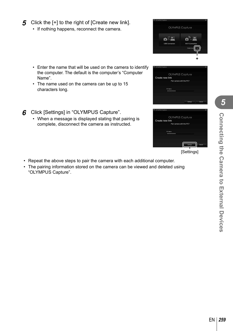 Connecting the camera to external devices, 259 en, Click the [+] to the right of [create new link | Click [settings] in “olympus capture, If nothing happens, reconnect the camera | Olympus OM-D E-M1 Mark III Mirrorless Camera User Manual | Page 259 / 333