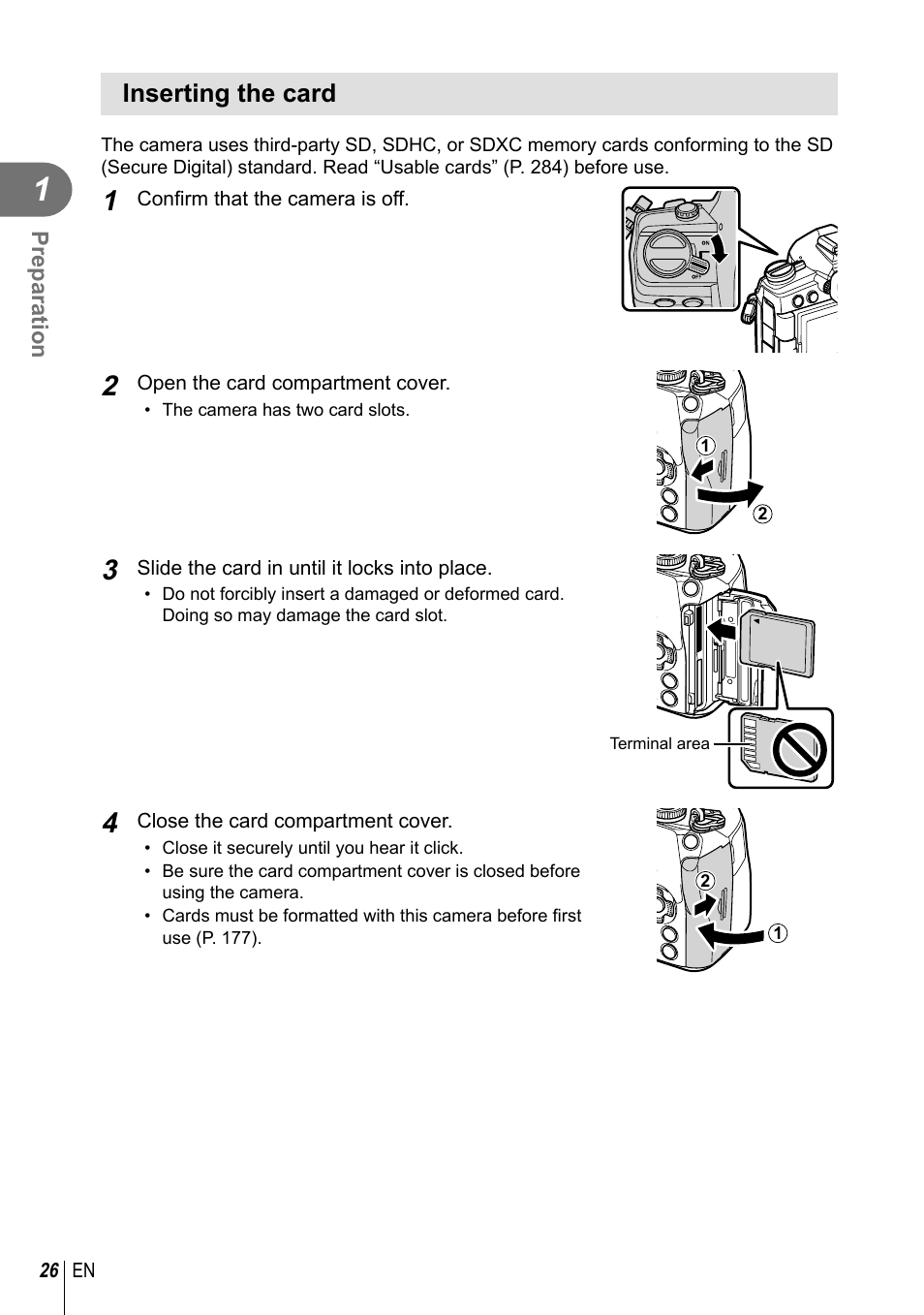 Inserting the card | Olympus OM-D E-M1 Mark III Mirrorless Camera User Manual | Page 26 / 333