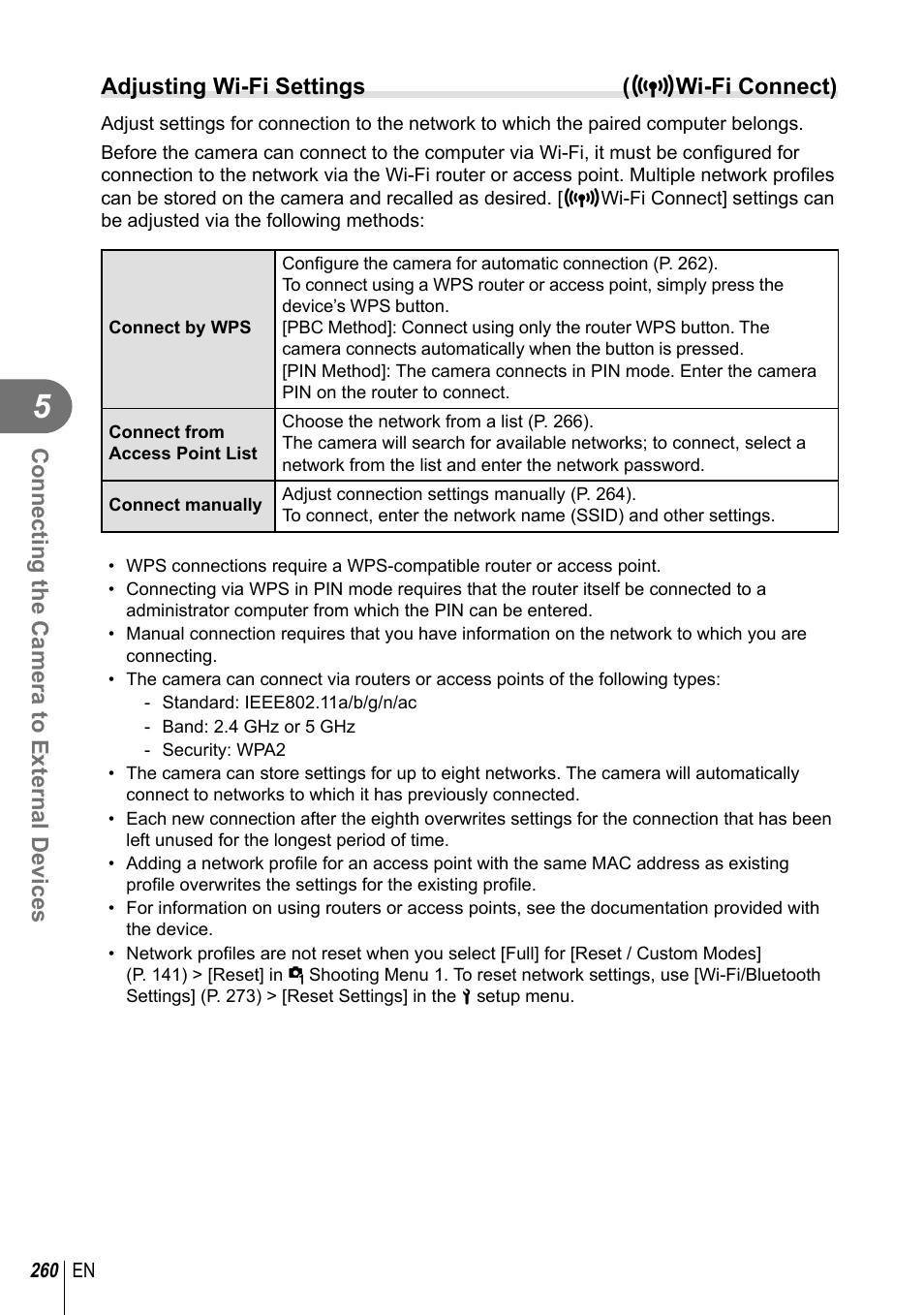 Connecting the camera to external devices, Adjusting wi-fi settings ( t wi-fi connect) | Olympus OM-D E-M1 Mark III Mirrorless Camera User Manual | Page 260 / 333