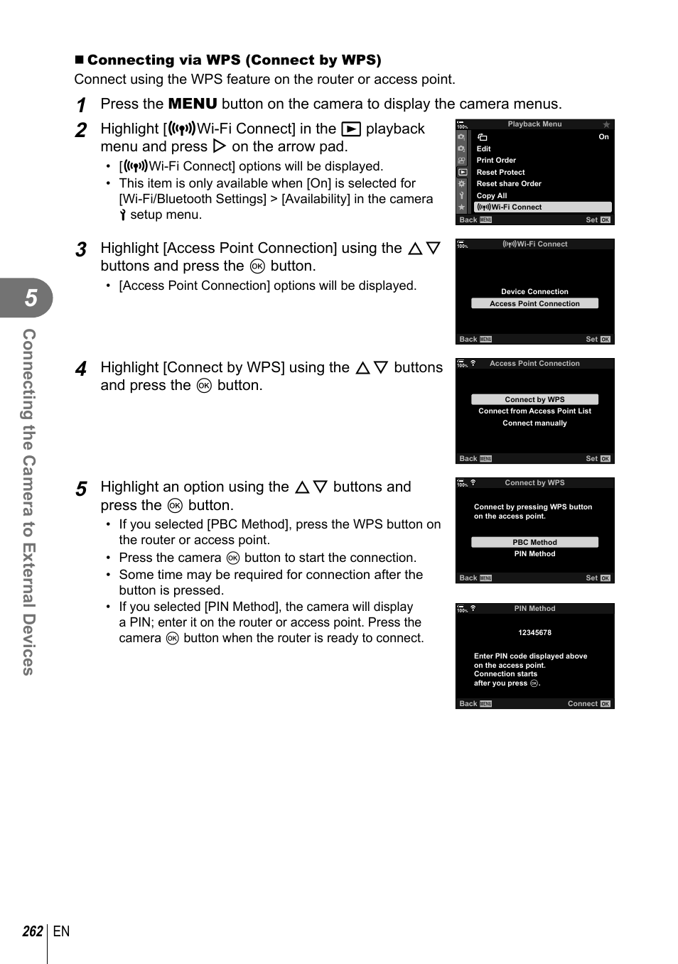 Connecting the camera to external devices, 262 en | Olympus OM-D E-M1 Mark III Mirrorless Camera User Manual | Page 262 / 333