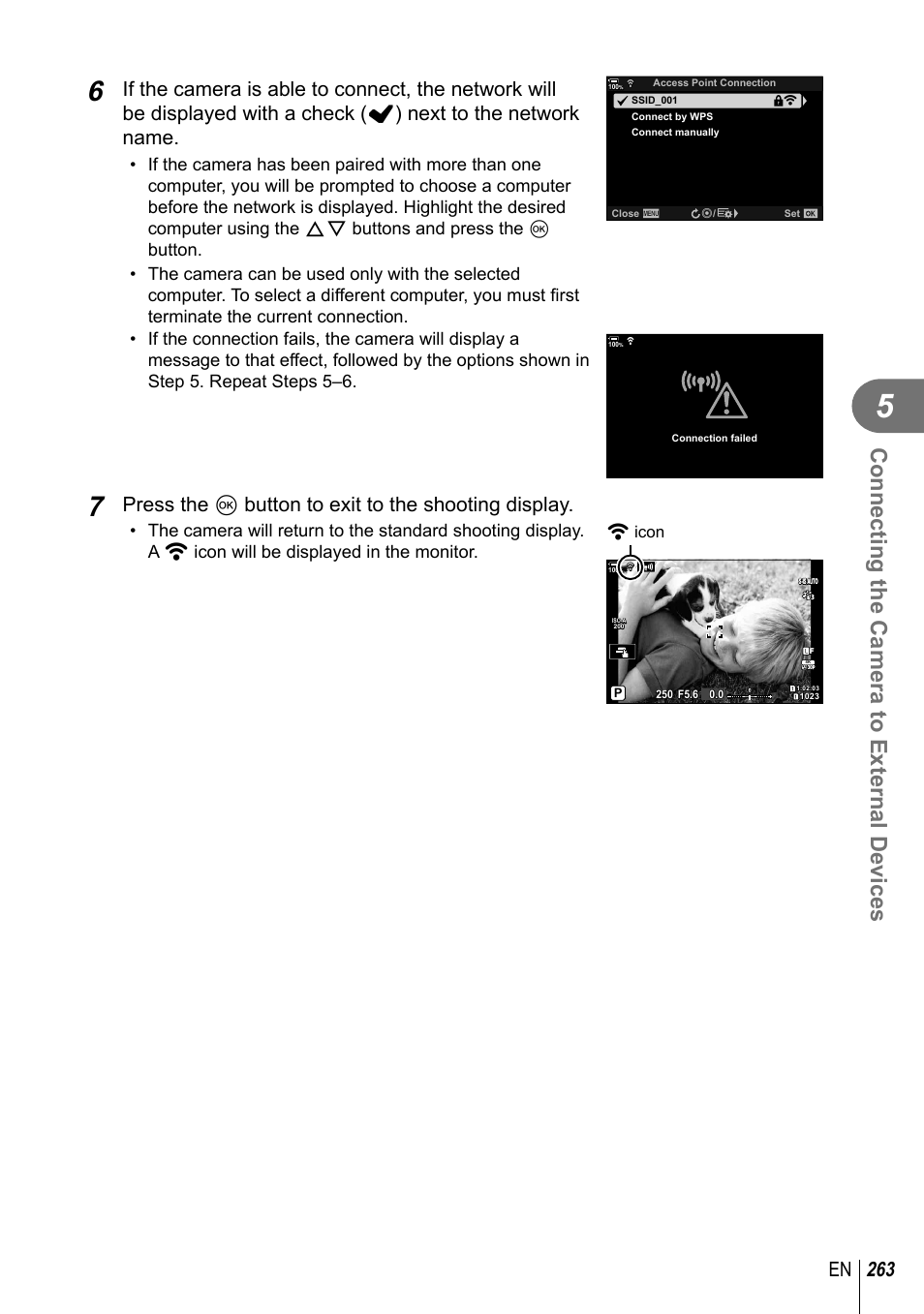 Connecting the camera to external devices, 263 en, Press the q button to exit to the shooting display | Olympus OM-D E-M1 Mark III Mirrorless Camera User Manual | Page 263 / 333