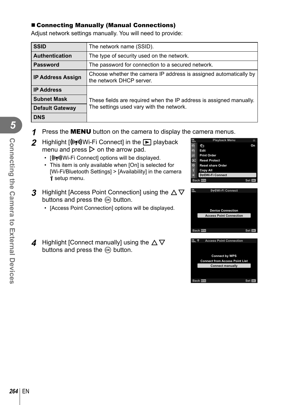 Connecting the camera to external devices, 264 en | Olympus OM-D E-M1 Mark III Mirrorless Camera User Manual | Page 264 / 333