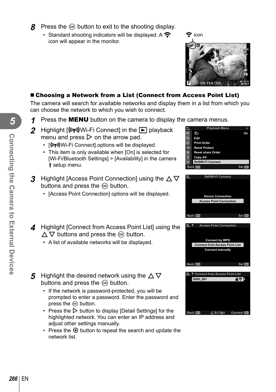 Connecting the camera to external devices, 266 en, Press the q button to exit to the shooting display | Olympus OM-D E-M1 Mark III Mirrorless Camera User Manual | Page 266 / 333