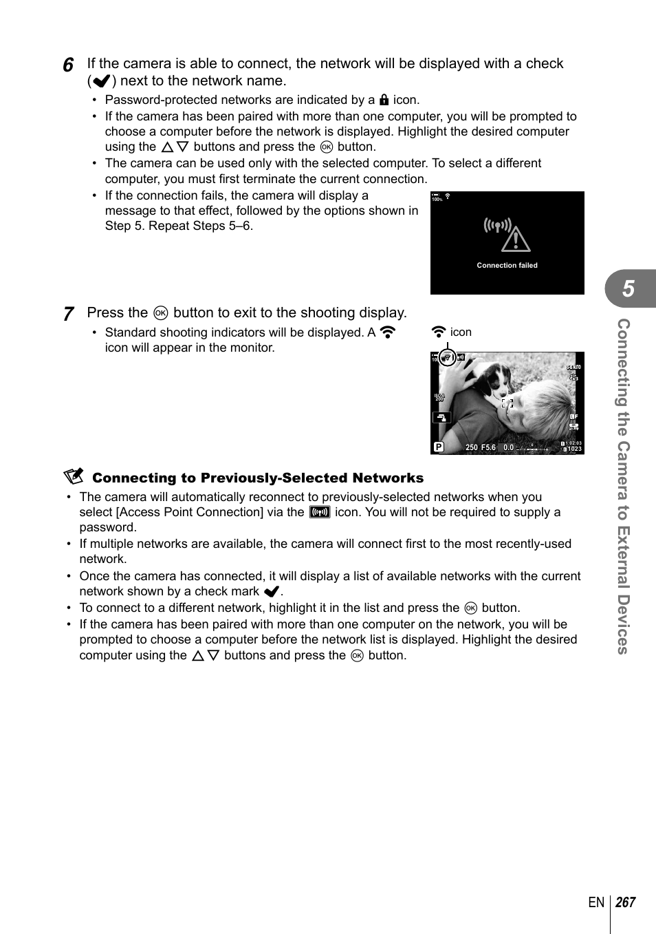 Connecting the camera to external devices, 267 en, Press the q button to exit to the shooting display | Olympus OM-D E-M1 Mark III Mirrorless Camera User Manual | Page 267 / 333