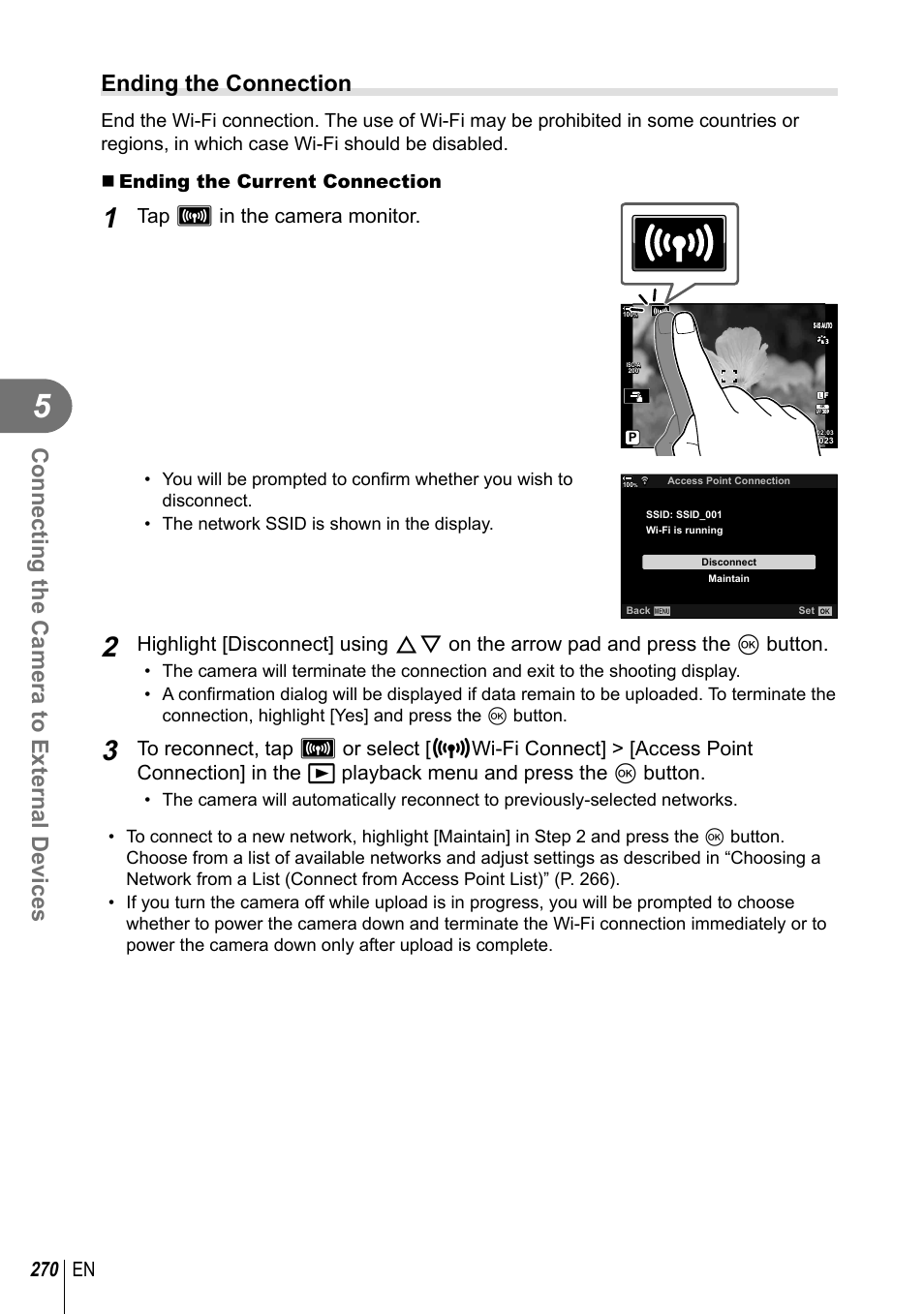 Connecting the camera to external devices, Ending the connection, 270 en | Tap v in the camera monitor | Olympus OM-D E-M1 Mark III Mirrorless Camera User Manual | Page 270 / 333