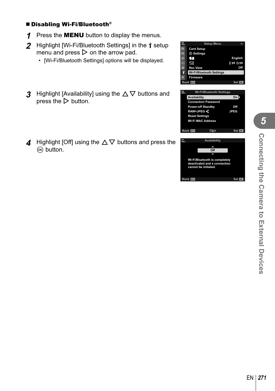 Connecting the camera to external devices, 271 en, Press the menu button to display the menus | Disabling wi-fi/bluetooth | Olympus OM-D E-M1 Mark III Mirrorless Camera User Manual | Page 271 / 333