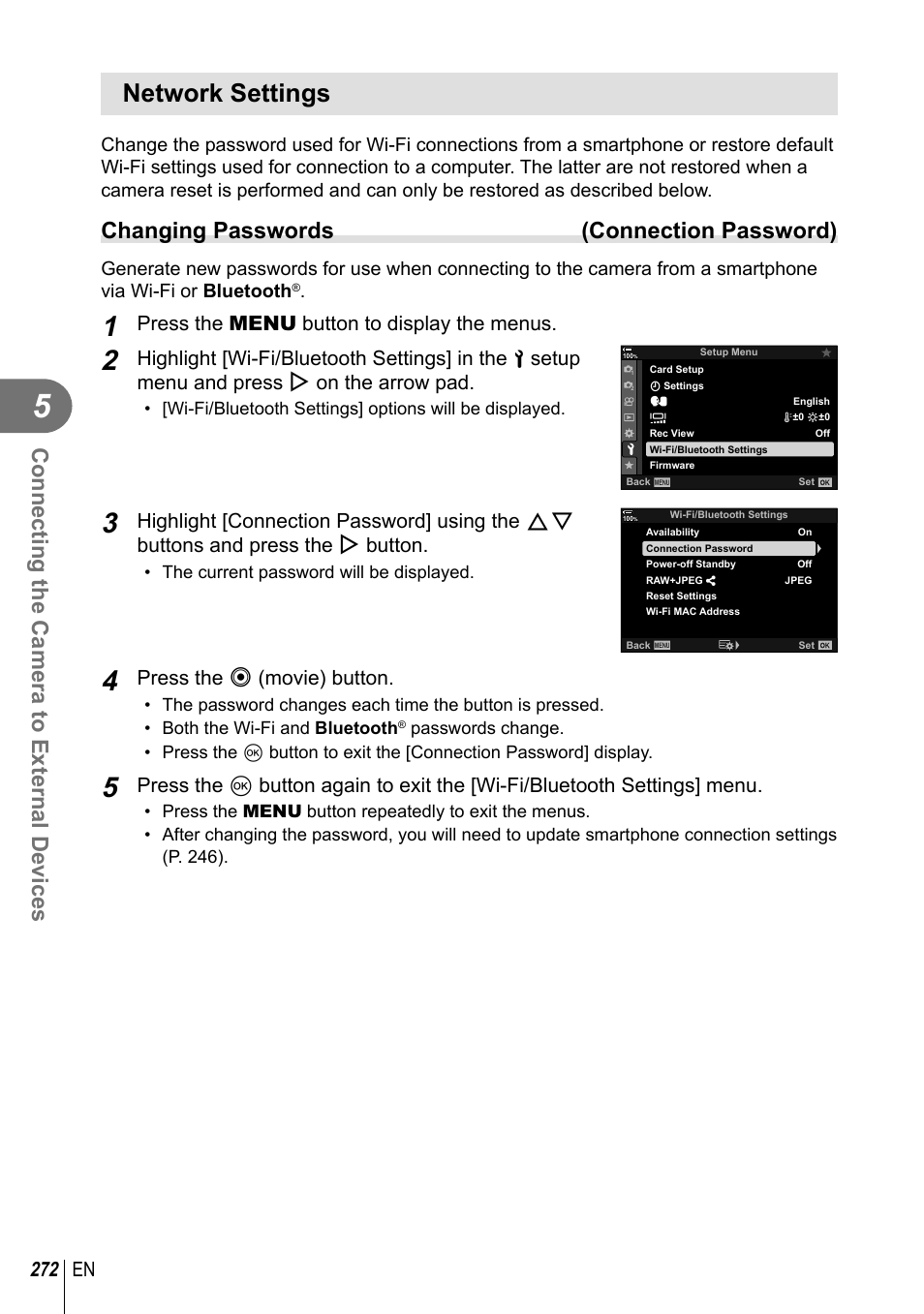 Network settings, Connecting the camera to external devices, Changing passwords (connection password) | 272 en, Press the menu button to display the menus, Press the r (movie) button | Olympus OM-D E-M1 Mark III Mirrorless Camera User Manual | Page 272 / 333