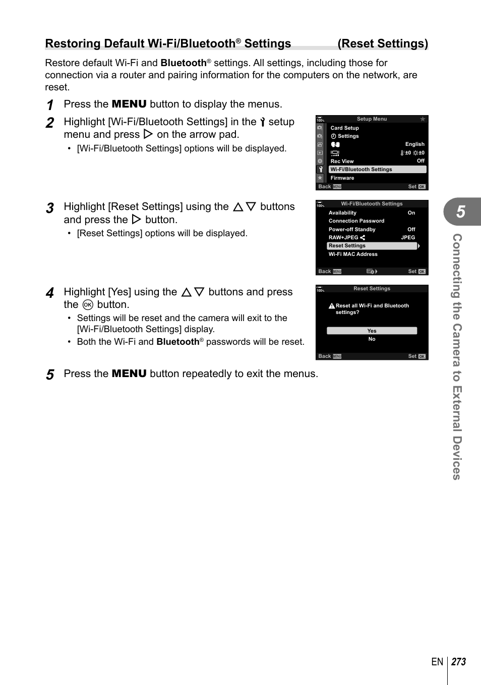 Connecting the camera to external devices, Restoring default wi-fi/bluetooth, Settings (reset settings) | 273 en, Press the menu button to display the menus, Press the menu button repeatedly to exit the menus | Olympus OM-D E-M1 Mark III Mirrorless Camera User Manual | Page 273 / 333